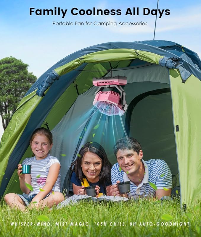 Misting Fan - Pink Portable Rechargeable Fan with 9oz Water Tank, Light, Hook - Versatile, 120H MAX Cooling, Last 5H Mist, 4 Speed, Sleep Mode - Outdoor Fans for Camping, Travel, Patios