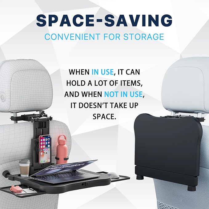 Car Back Seat Tray Table-Stable Auto Backseat Food Trays Desk for Rear Passenger Road Trip Eating & Work, Multifunctional Adjustable Travel Tray with Phone Drink Holder for Laptop iPad