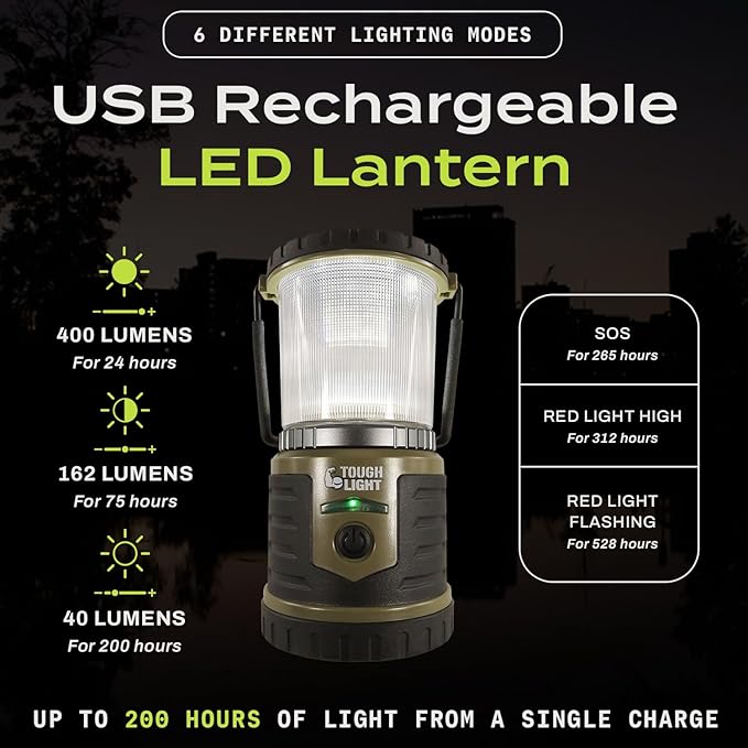 USB Rechargeable Camping Lantern, 400 Lumens LED Lantern, Hanging Tent Lamp, 6000mAh Power Bank, 200 Hour, 6 Modes, for Outdoors & Emergency
