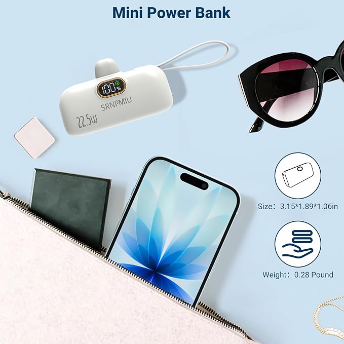 Portable Charger for iPhone 17/16/15 Series, 5000mAh Mini Power Bank with Built-in USB C Connector, 22.5W Fast Charging Battery Pack for Samsung Galaxy S25/S24/S23 Series, iPad etc (White)