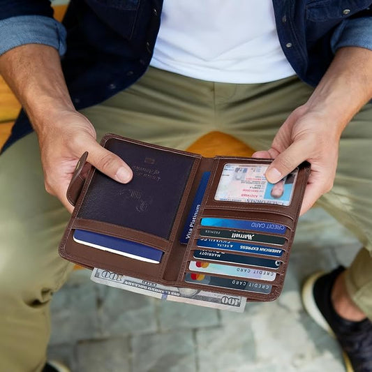 Polare Luxury RFID Blocking Leather Passport Holder Travel Wallet For Men and Women (Coffee with AirTag Slot(Snap Version))