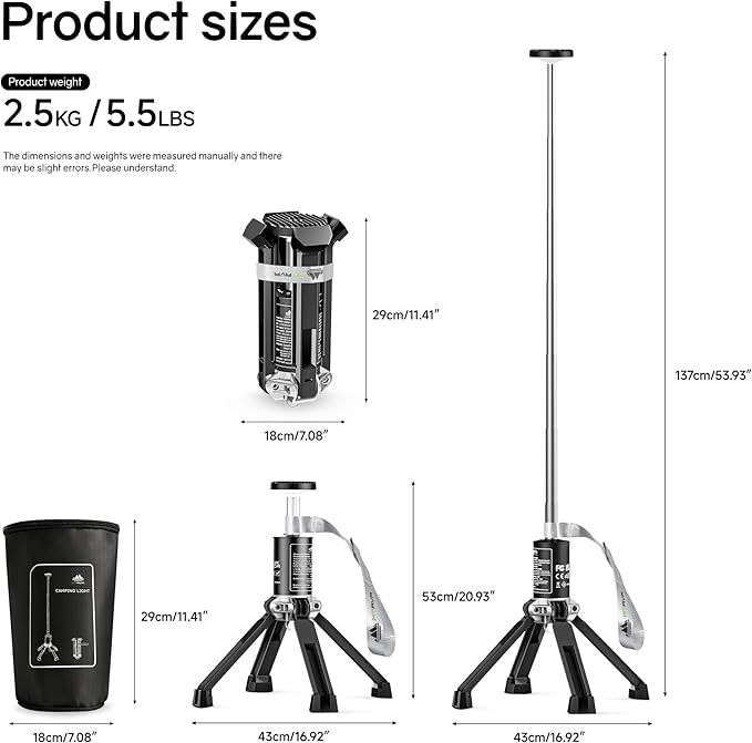 Telescopic Camping Light, Rechargeable Camping Lantern with 20000mAh Battery, Portable Camp Light Outdoor Waterproof with 3 Modes, Camping Light for Emergency, Camping, Hiking(Bag Included)
