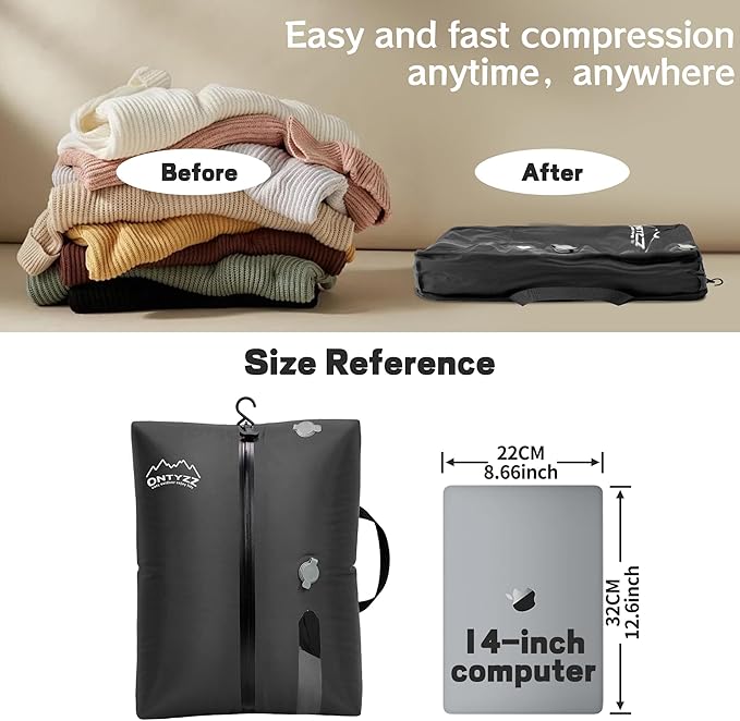 ONTYZZ Travel Vacuum Compression Bags Reusable Compression Bag with IP67 Waterproof Zipper Space Saver Vacuum Bags for Suitcase,One Pack Black（NO PUMP!）