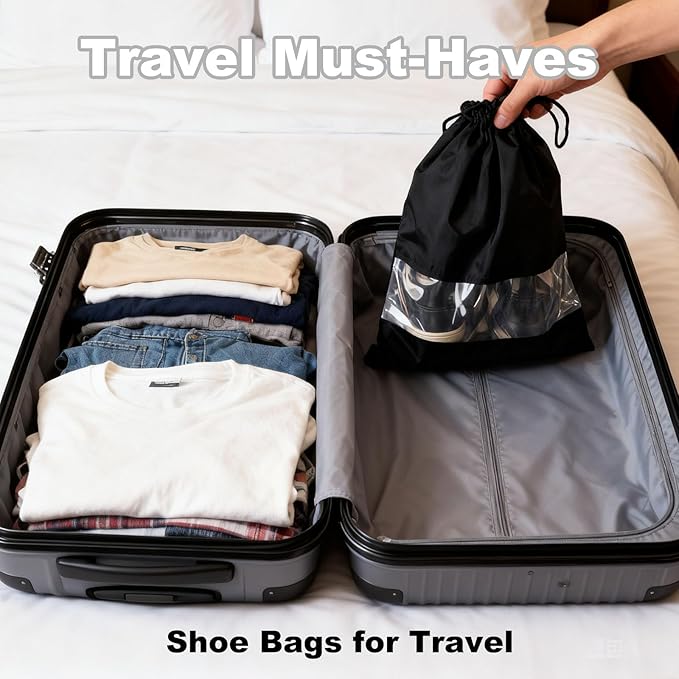 20 Pack Shoe Bags for Travel, 17" x 12.6" Drawstring Shoe Organizers with Clear Window, Breathable Non-Woven Dustproof Pouches for Luggage & Closet (Black)