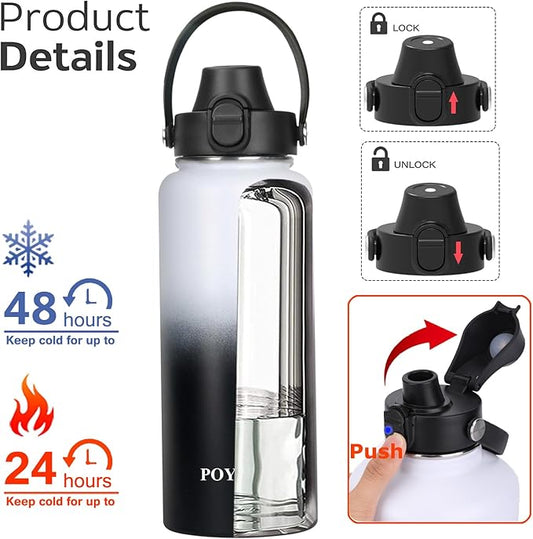 Water Bottle Insulated 32oz 40oz 64oz 128oz Straw Lid Spout Lid & 3 Lids, Leak Proof, Vacuum Insulated,Stainless Steel Water Bottle Wide Mouth for Sports, Gym or Office