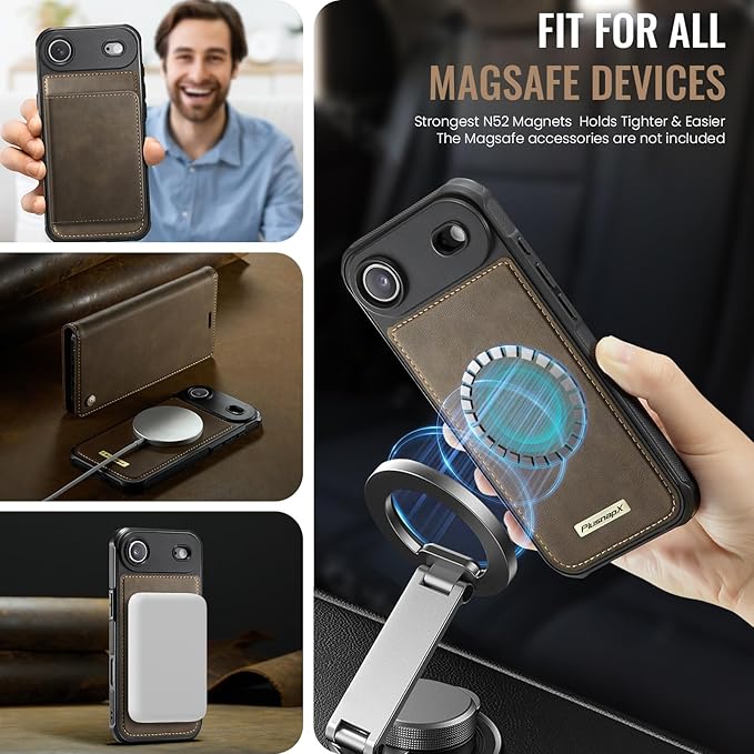 PlusnapX Wallet Case for iPhone Air Compatible with Magsafe, 2-in-1 PU Leather Flip RFID Blocking Card Holder Stand ShockAirof Magnetic Detachable Cover for iPhone 17 Air Case 6.5", Brown