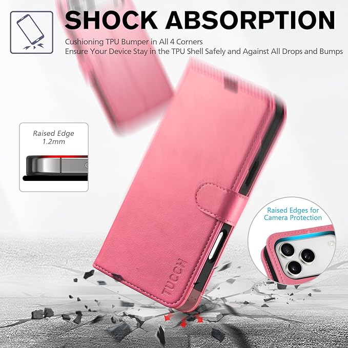 TUCCH Wallet Case for iPhone 17 Pro Max (6.9") 2025, 4 Card Slots | RFID Blocking | Stand | Shockproof TPU Shell | PU Leather | Magnetic Closure | Protective Flip Folio Cover | Hot Pink