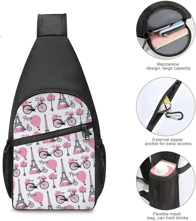 SWEET TANG Sling Bag Crossbody Backpack for Women Men, Breathable Multipurpose Satchel Bag Paris Pink Eiffel Tower, Anti Theft Funny Outdoor Daypack