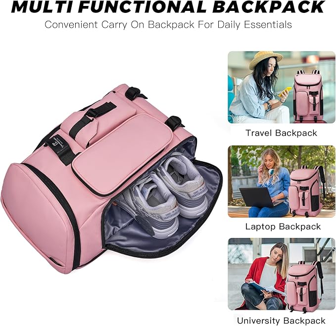 Carry on Travel Backpack for Men Women,30L Multi-Pocket 17.3inch Laptop Backpack, Sports Gym Tennis Badminton Backpack with Shoe Compartment-Pink
