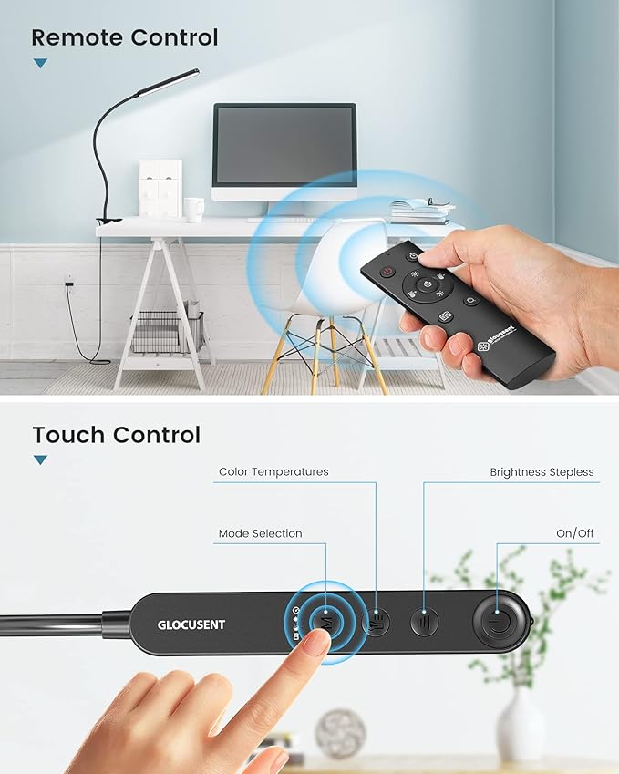 Glocusent 38 LED Clip On Light: 5W Eye Caring Book Lights for Reading at Night - 5 Color & 5 Brightness with a Remote, 30-Min Auto Off Timer, Multi-Purpose Clip Lamp for Bed Reading/Studying/Working