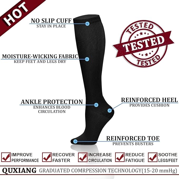 QUXIANG Copper Compression Socks for Women & Men Circulation (8 Pairs) - Best for Running Athletic Cycling - 15-20 mmHg