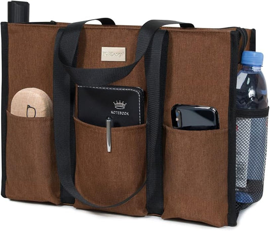 TOPDesign Utility Water Resistant Tote Bag with 13 Pockets, Top Zipper Closure & Thick Bottom Support, for Working Women