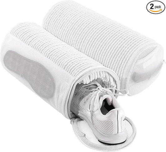 Shoe Washing Machine Bag with 2 Pockets - Wash Laces, Insoles & Socks All-in-One Shoe Laundry Bag for Washer & Dryer, Reusable Sneaker Cleaner Bag for Home Dorm Travel (2Pcs White)