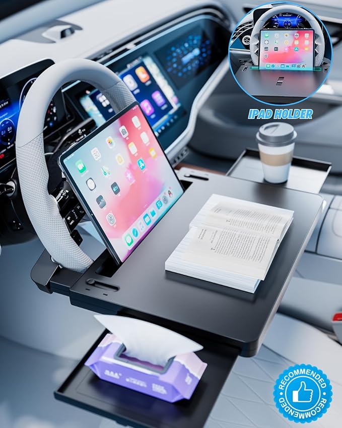 Portable Large Steering Wheel Tray Table for Car - Adjustable Laptop Holder Desk & Food Trays, Car Tray That Fits Over Steering Wheel Cover, Eating Food & Working, Driver Office Accessories