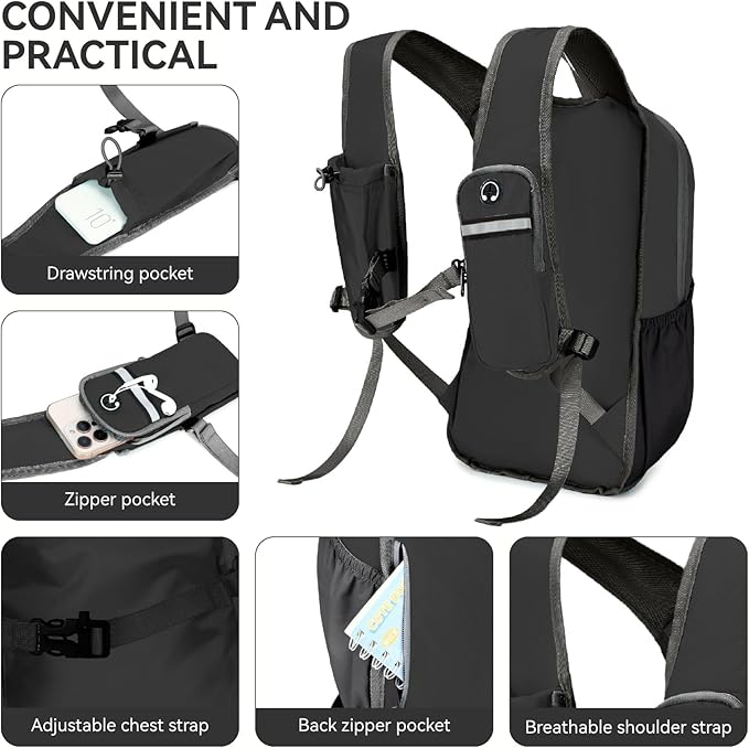 15L Small Hiking Backpack for Men Women Lightweight Packable Backpack Foldable Casual Daypack for Camping Travel Outdoor, Black