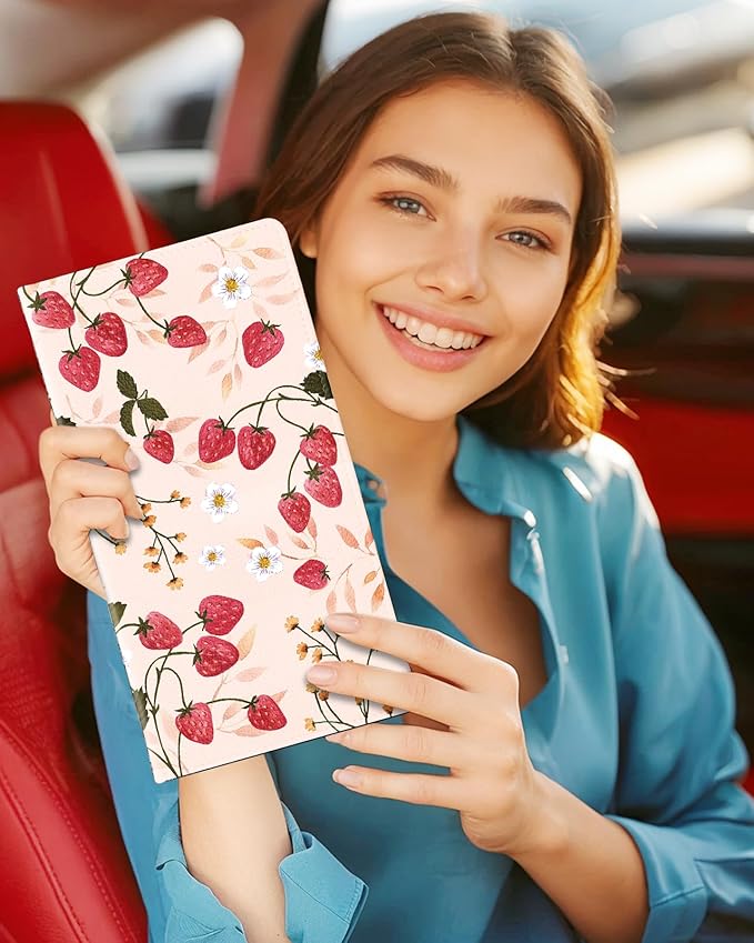 Slohif Car Registration and Insurance Holder - Strawberry Vehicle Glove Box Organizer Women with Magnetic Shut Leather Automobile License Holders Coasters Auto Accessories Case for Document