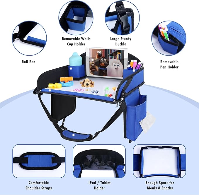 WENRENER Kids Travel Tray for Car Seat, Toddler Road Trip Essentials With Drawing Kit, Travel Activities Must Haves (Navy Blue-2PCS)