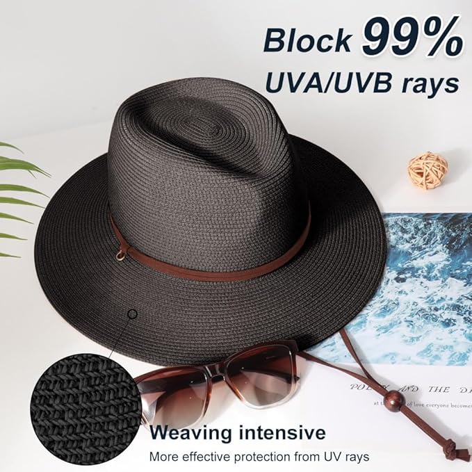 DRESHOW Women Straw Panama Hat Travel Fedora Beach Sun Hat Summer Wide Brim Straw Roll up Hat UPF 50+
