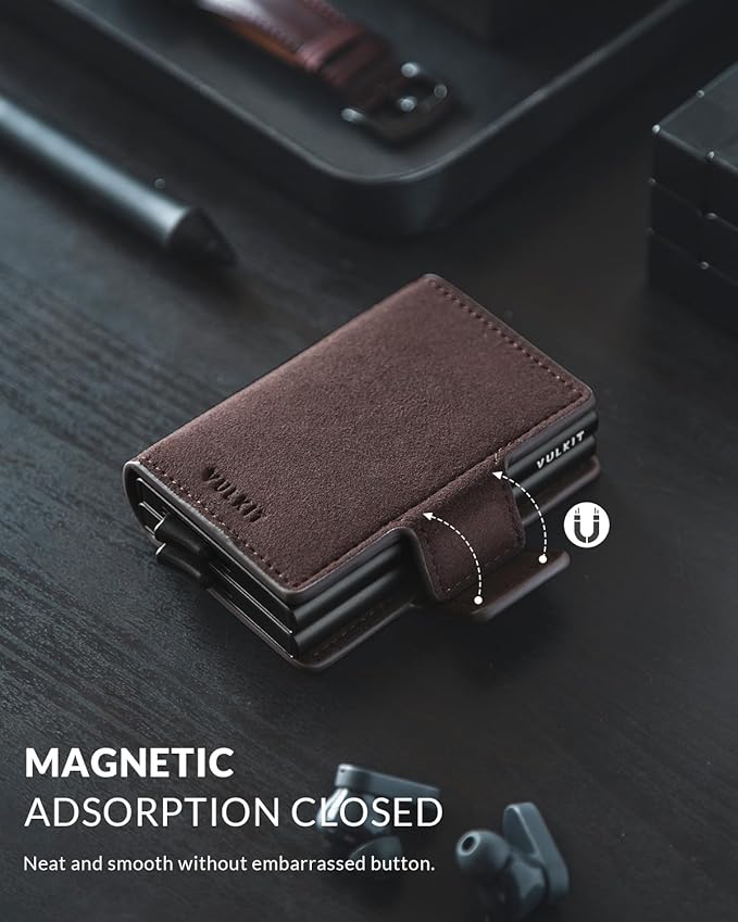 VULKIT Credit Card Holder RFID Blocking Leather Automatic Pop Up Wallet Magnetic Wallet Double Card Case for Men and Women