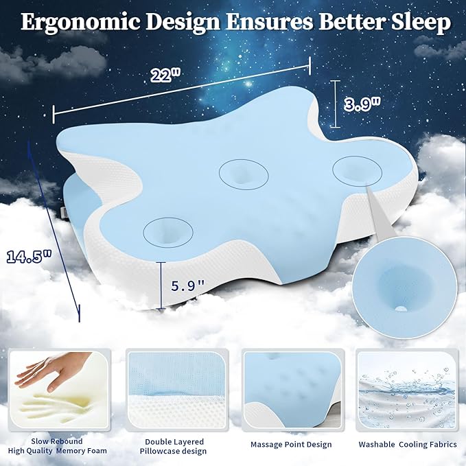 Memory Foam Cervical Pillow for Neck Pain Relief - Ergonomic Contour Pillow for Side, Back & Stomach Sleepers, Orthopedic Neck Support with Cooling Pillowcase