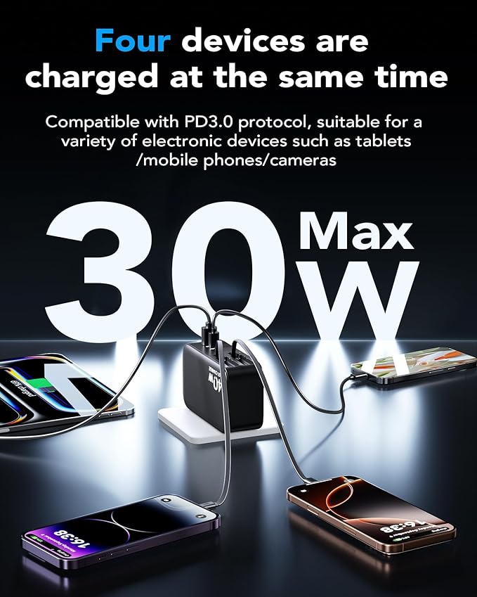 4-in-1 Retractable Gan Wall Charger Plug for iPhone 17 USB C,Travel Essentials Brick Multiport,3ft Lightening+ Type C Cables,40W Fast Charging Foldable Block for iPhone 17 Pro/16/15/14/13,iPad,Galaxy