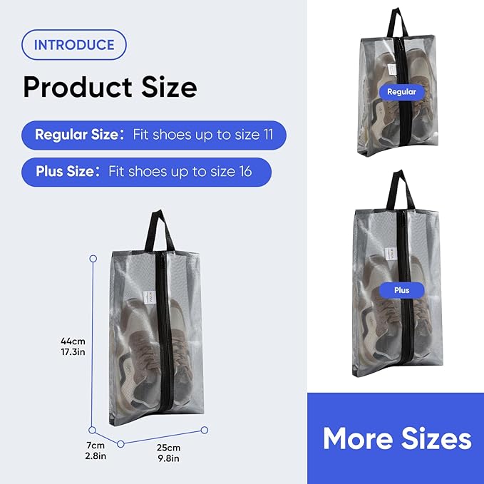 VUSIGN Plus-Sized Travel Shoe Bag, Water-Resistant Shoe Pouch for Gym and Sport, Odor-Resistant Soccer Cleats Bag (Gray, 1-Pack)