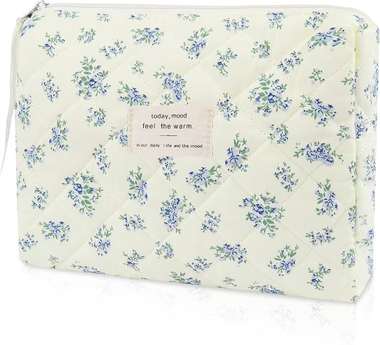 Floral Makeup Bag, Small Cosmetic Bag for Women Girls, Cute Cotton Makeup Bag, Quilted Makeup Bags, Flower Travel Toiletry Organizer Bag(LSHH)