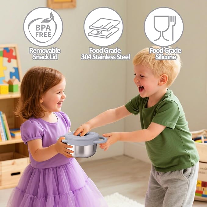 BUSOHA 2 Pack Stainless Steel Toddler Snack Cups - 9 OZ Snack Cups for Toddlers Spill Proof with Catcher and Lid Travel Snack Containers for Kids Food Grade Silicone Dishwasher Safe