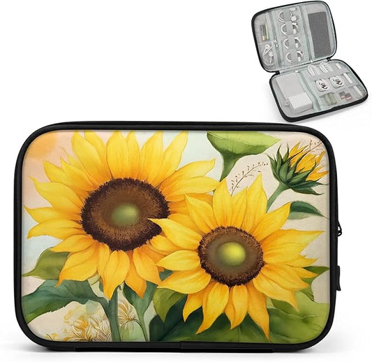 Watercolor Sunflower Travel Cable Organizer Pouch Yellow Floral Electronics Accessories Carry Case Portable Water Resistant Storage Bag for Cord Charger Phone Earphone SD Card