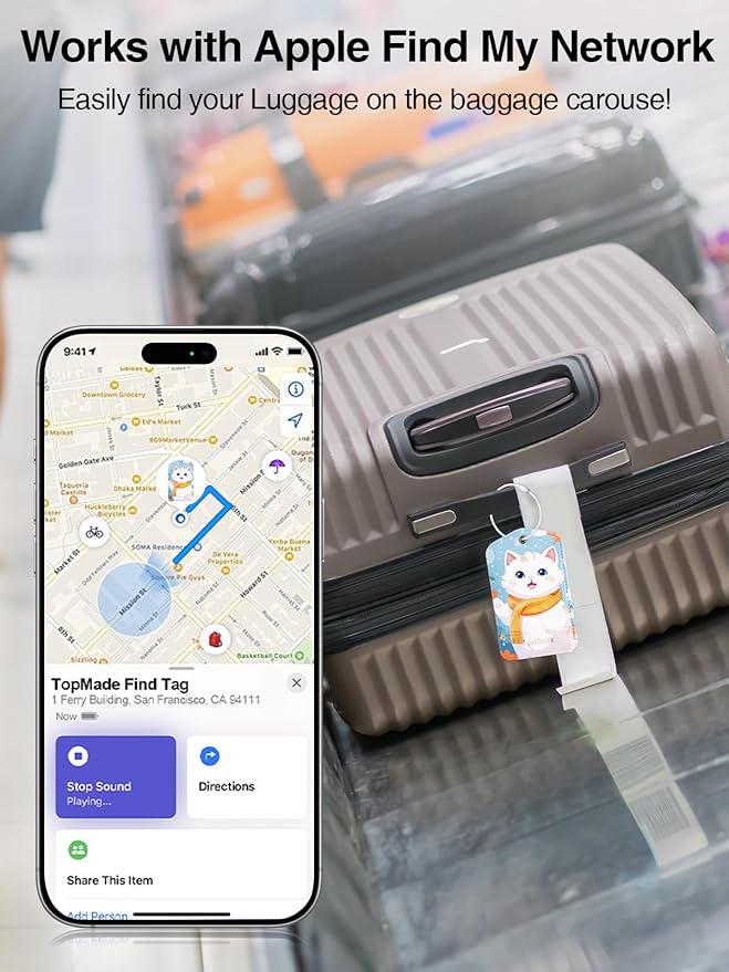 TopMade Smart Luggage Tag with Apple Find My, Premium Leather Luggage Tags for Suitcase, Travel Bags, Backpacks, Anti-Lost Suitcase Tag Tracker for Travel with Privacy Name Card, Rechargeable