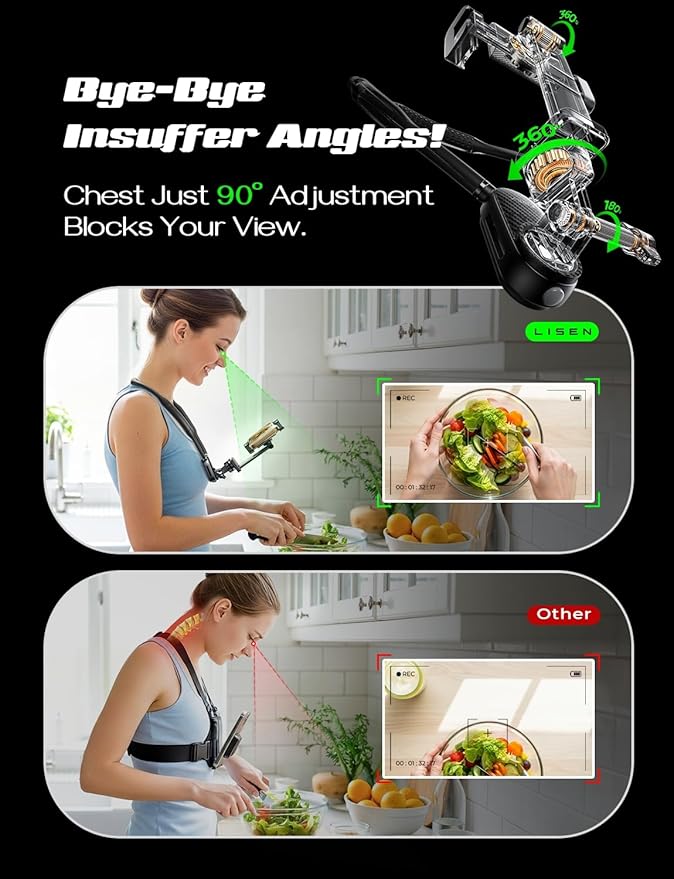 LISEN Neck Phone Holder for Bed Video Recording POV Camera Phone Chest Mount for Gopro Neck Mount [2025 Upgrad No.1] for iPhone Samsung 4-7 Inch Phones Akaso Insta360 Dji360 Other Action Cameras