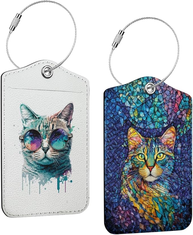 2 PCs Cat Stuff Luggage Tag, Suitcase Tags with Privacy Flap and Metal Loop, Luggage Tags for Suitcases, Identifiers Travel Essentials Bag Tag, Cat Lovers Gifts for Women Girls Friends Sister