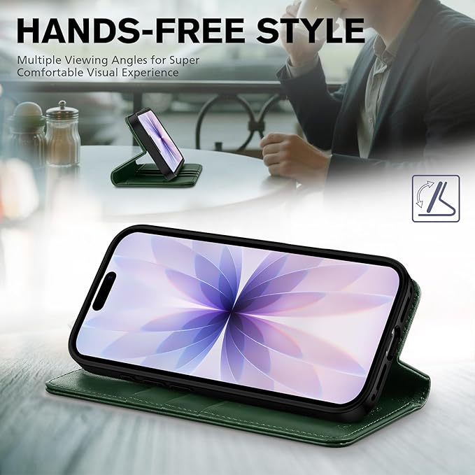 TUCCH Wallet Case for iPhone 17 (6.3") 2025, 3 Credit Card Holders, RFID Blocking, Stand, PU Leather, Shockproof TPU Interior Shell, Protective Flip Folio Cover, Midnight Green