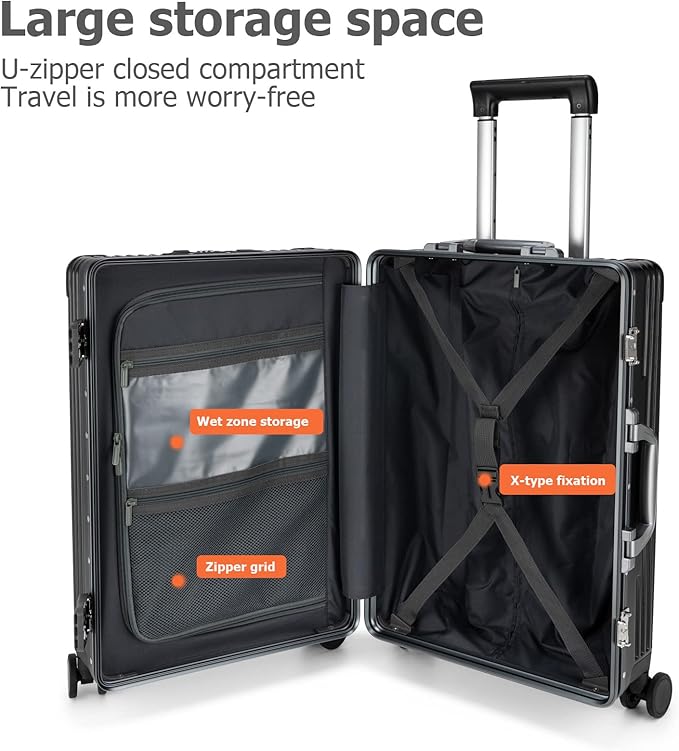 feilario 24in Aluminium Frame PC Hard Shell Spinner Wheels Luggage, Built-In TSA lock Carry on Suitcase, with Cup Holder, USB Port, Phone Holder