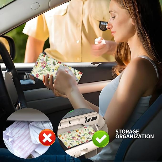 Leather Car Registration and Insurance Card Holder, Cute Car Accessories Vehicle Glove Box Car Organizer for Documents, Cards, License Retro Colorful Flowers