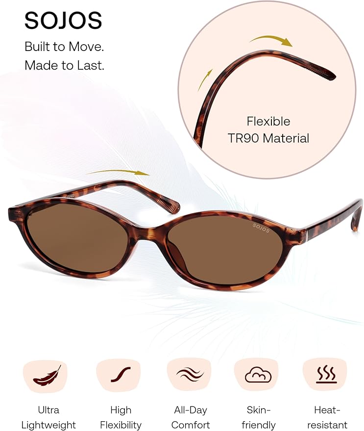 SOJOS TR90 Ultra Light Flexible Sunglasses for Women Retro Oval Polarized Cat Eye Vintage Shades UV400 Protection Comfort Fit