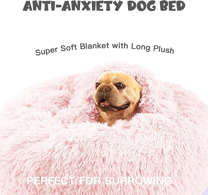 Himax Calming Anti-Anxiety Dog Bed for Medium Dogs With Attached Blanket - Pink, Fluffy, Washable (20"/26"/35")