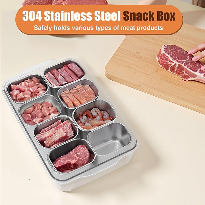 Snackle Box Container, 304 Stainless Steel Snack Containers, Portable Snacklebox for Veggie, Candy, Divided Serving Tray with Lid and Handle, 8 Compartment Fruit Platter for Party, Picnic, Travel