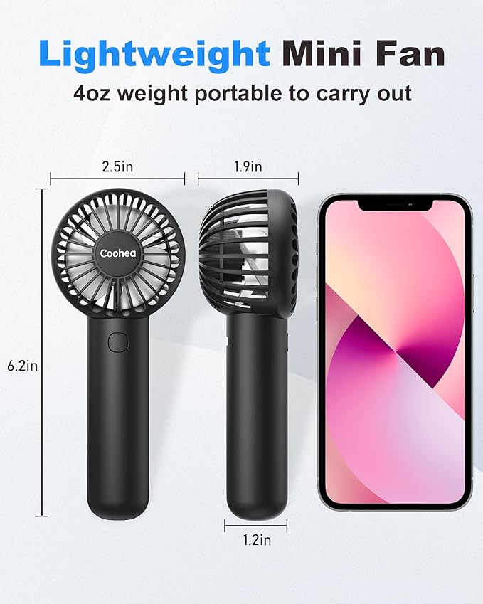 Coohea 2-Pack Pink & Black Handheld Fan, Small Cute Design, 3 Powerful Speeds, Operated by USB/Rechargeable Battery, Portable Personal Fan with Base & Lanyard, for Eyelash Makeup Travel Beach Desk