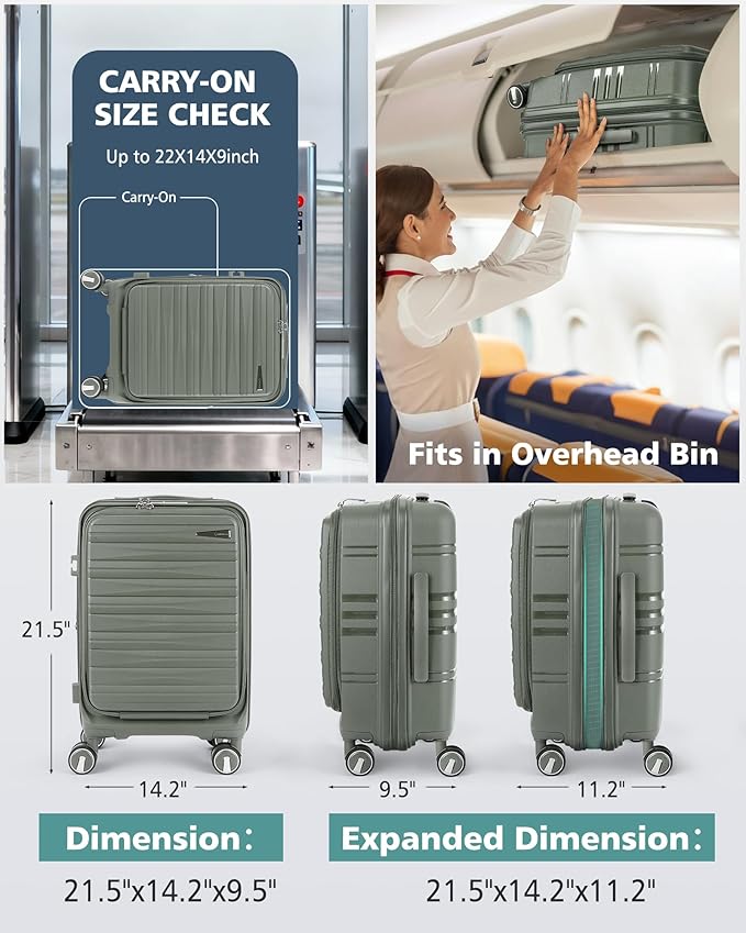 RAINSMORE Expandable Carry on Luggage 20 Inch, Airline Approved Carry on Suitcase with Front Pocket&Laptop Compartment, Hardshell Rolling Travel Luggage with Spinner Wheels,Sage Green