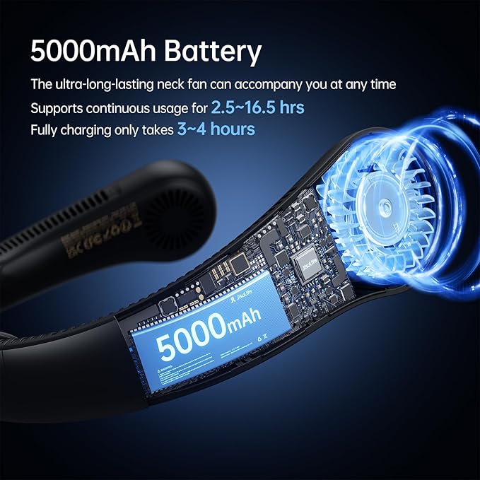 JISULIFE Portable Neck Fan Upgraded, Neckbrace Personal Hands Free, 5 Speed Gears Adjustment, 5000 mAh Wearable Bladeless Quiet Rechargeable for Outdoor Indoor, Gifts for Women Men- Black