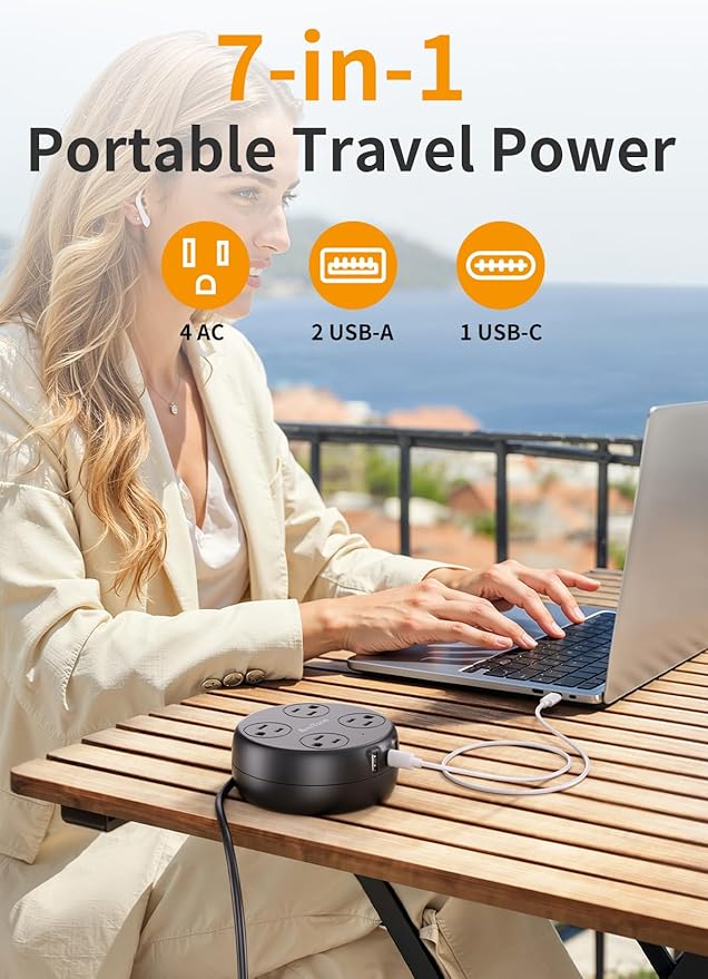 European Travel Plug Adapter - Retractable Power Strip with 4 AC Outlets & 3 USB Ports (USB-C), Type C Adapter for US to Most of Europe Iceland Spain Italy France Germany and More (Black)