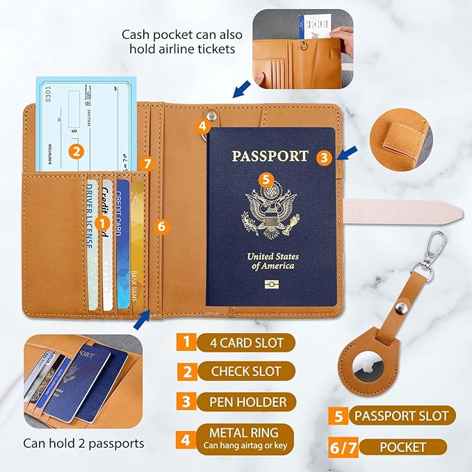 Deziliao Passport wallets, Mulit-purpose RFID Blocking Passport Holder AirTag Wallet, Travel Wallet Cover Case（Brown）