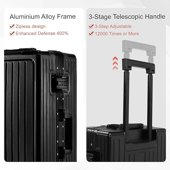 24 Inch Check-In Luggage Aluminum Frame Zipperless Luggage, Hard Shell Suitcase TSA Approved Checked Luggage, ABS+PC Lightweight Zipperless Suitcase with Spinner Wheels (Black)