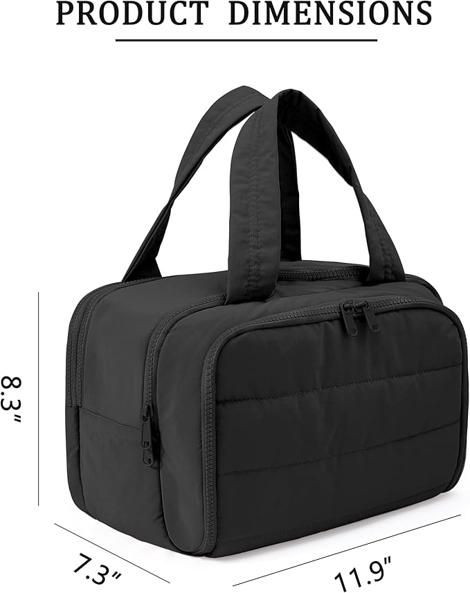 Travel Toiletry Bag for Women, Large Wide-open Puffy Cosmetic Makeup Bag with Wet-Dry Separation, Multi-Pocket Organizer with Carry Handle for Toiletries, Cosmetics, Essentials, Black