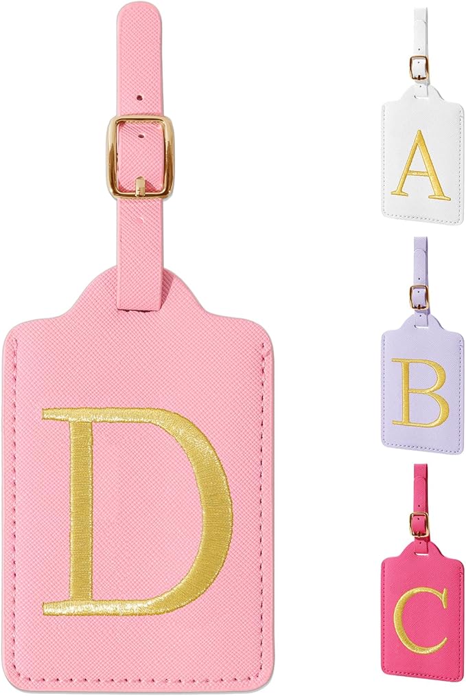 Personalized Initial Luggage Tags for Suitcase, Pink Leather Cute Luggage Tags with Privacy Cover Name Card, Embroidered Custom Monogrammed Luggage Tag Travel Bag Baggage Tags Gifts for Women Kids(D)