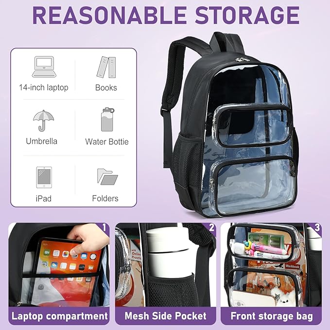 CAMTOP Clear Backpack Heavy Duty Transparent Bag See Through BookBag for Student School Work Festival Sport Travel (Black Cloth)