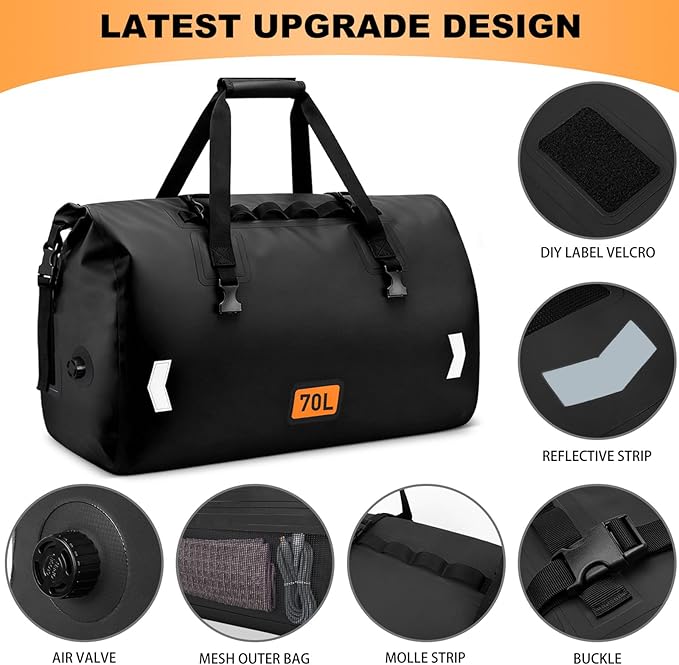 Waterproof Duffel Bag, 70L Roll-top Motorcycle Dry Bag with Air Valve & Quick-fixed Straps, Travel Duffle Bags for Kayaking Paddle Boarding Rafting Boating Camping Riding Fishing - Black