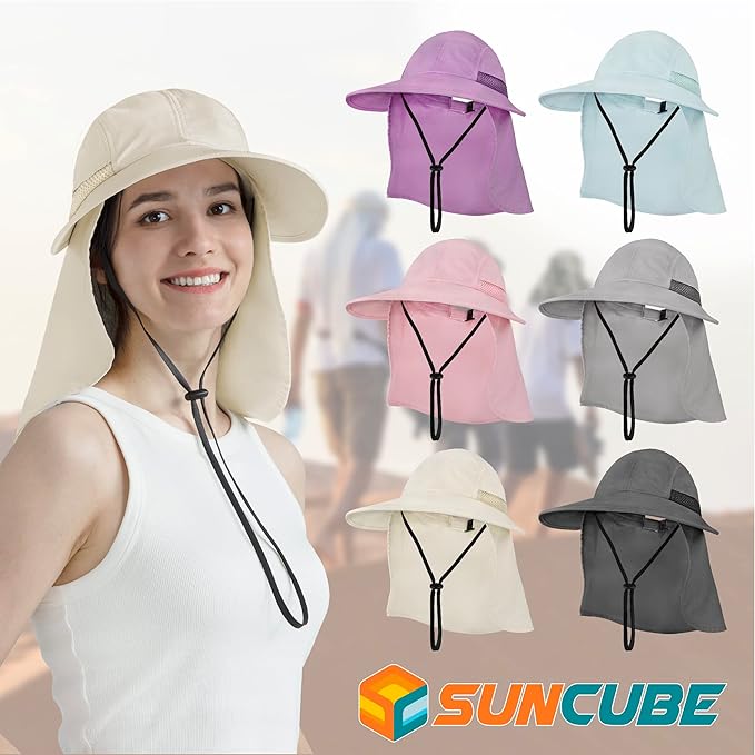 SUN CUBE Sun Hat for Women with Ponytail Hole Neck Flap, Gardening Hat Women Sun Protection, UV Hats Hiking Walking Fishing
