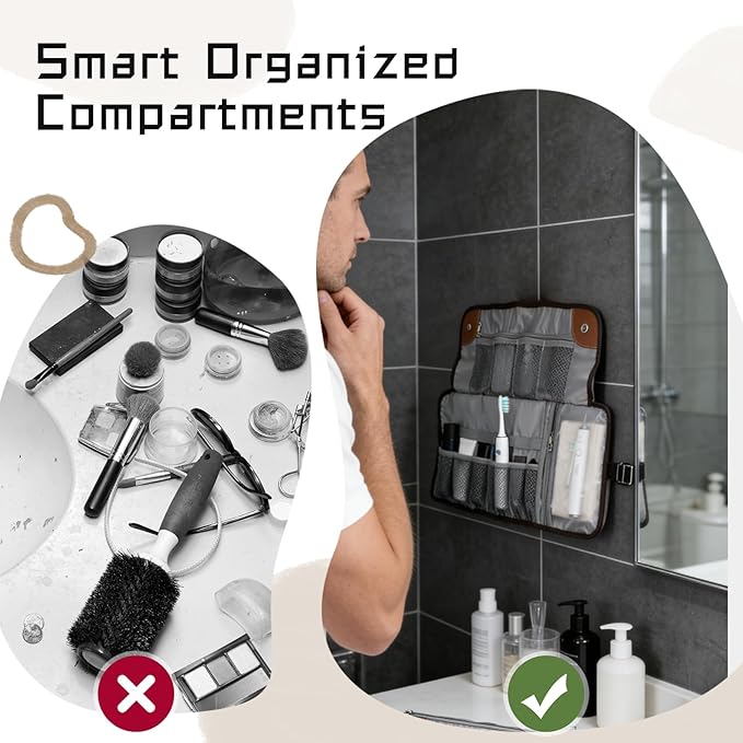 Men's Toiletry Travel Bag, Bathroom Bag For Traveling，Large 21-Inch Roll-Up Dopp Kit, Waterproof PU Leather Compact Organizer for Shaving & Bathroom Essentials